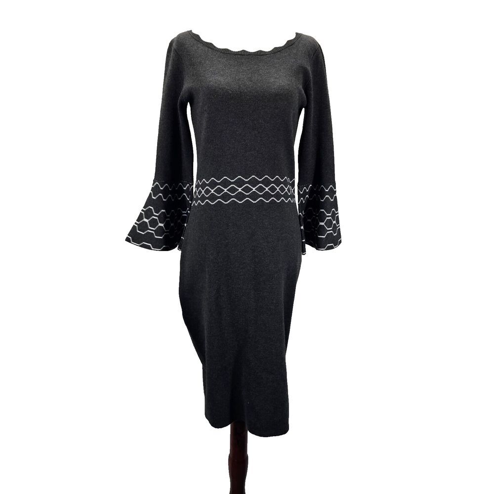 Roz & Ali Sweater Dress Womens‎ Size S Knit Scallop Round Neck Bell Sleeve Black